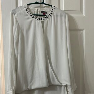 Vince Camuto White Blouse with Black Embellished Collar